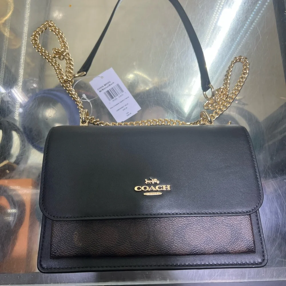 Coach Black Leather Shoulder Bag with Gold Chain - Picture 1 of 10